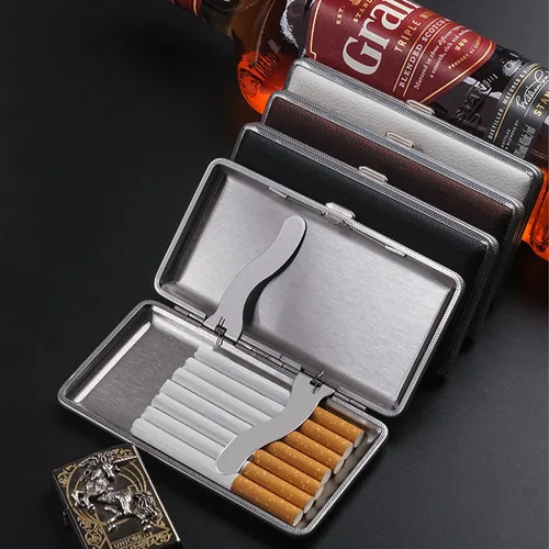 Miniatura 2 de Estuche para Cigarrillos Elegante de Superficie de Cuero con Caja de Metal para 14 Cigarrillos. Estuche de Doble Cara con Clip de Resorte para Negro