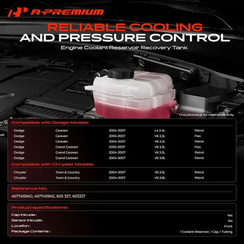 Miniatura 2 de A-Premium Tanque de depósito de recuperación de desbordamiento de refrigerante del motor [W/tapa y tubería] Compatible con Dodge Caravan Grand