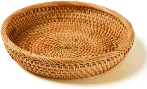 Miniatura 8 de I-lan Cesta de pan de ratán de 9 pulgadas con pared de 2 pulgadas, bandeja plana de mimbre con borde enrollado, cuenco redondo decorativo para todos