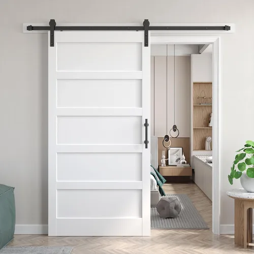 Miniatura 36 de Fredbeck Puerta de granero blanca de 30 x 84 pulgadas con kit de herrajes para puerta corredera de 5.5 pies incluido y asa, sólida, MDF, superficie