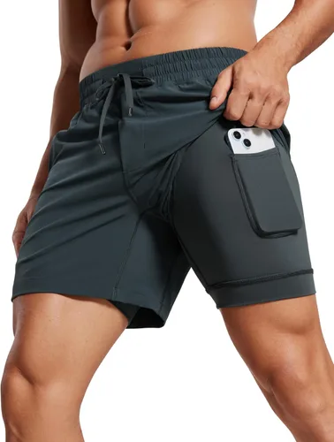 Miniatura 9 de CRZ YOGA Pantalones cortos de correr 2 en 1 para hombre de 5 pulgadas, forrados, de secado rápido, para entrenamiento, deportes, atletismo