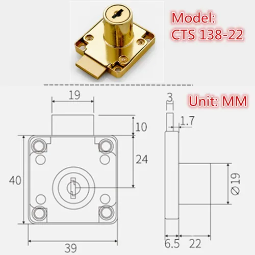 Miniatura 5 de Cerradura de clóset, cerradura de cajón, cerradura de buzón, cerradura de puerta, adecuada para gabinetes de madera. Modelo CT-138-22