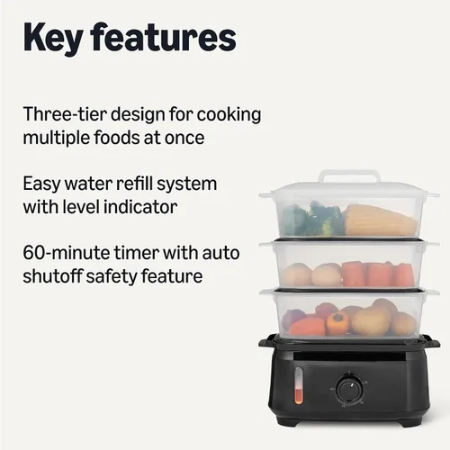 Miniatura 2 de Amazon Basics Vaporizador eléctrico de alimentos para cocinar verduras, diseño de 3 niveles, temporizador de 60 minutos con apagado automático