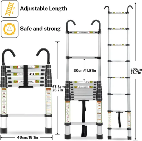 Miniatura 2 de Escalera telescópica RIKADE de aluminio de 6.5 pies con patas antideslizantes y gancho estable, escalera de extensión portátil para el hogar