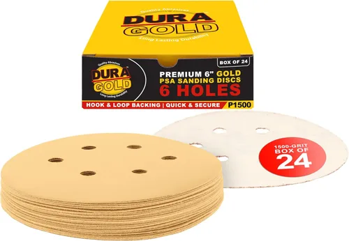 Miniatura 17 de Dura-Gold Premium 80, 120, 220, 320, 400 discos de papel de lija dorados de 6 pulgadas, patrón de 6 agujeros, sin polvo, 10 cada uno, 50 en total