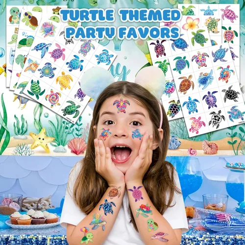 Miniatura 2 de 96 tatuajes temporales precortados de tortuga para niños Recuerdos de fiesta de cumpleaños temáticos súper lindos, suministros, decoraciones