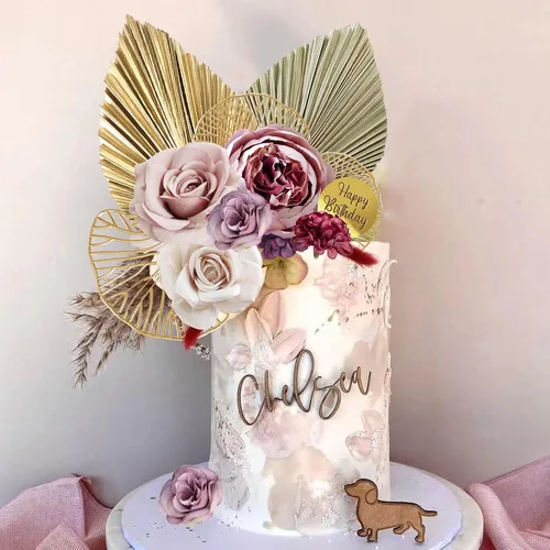 Miniatura 5 de 29 piezas de decoración de pastel de estilo bohemio con hojas de palma, flores rojas burdeos y bolas para pastel, suministros para bodas, baby Rojo