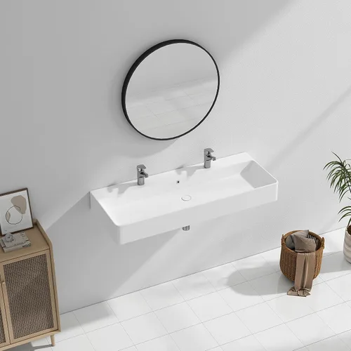 Miniatura 7 de Eridanus Lavabo de Baño Rectangular 43" x 16", Lavabo Vasija de Cerámica Vítrea de Dos Orificios, Montaje en Encimera y Pared, Lavabo Flotante