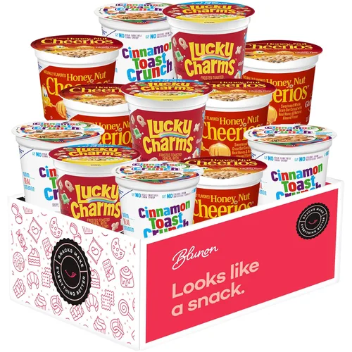 Paquete variado de tazas de cereales – Surtido de cereales de desayuno de una sola porción – Honey Nut Cheerios, Lucky Charms, Cinnamon Toast Crunch