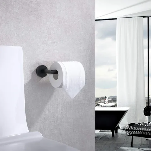 Miniatura 7 de TASTOS Soporte de papel higiénico negro mate de acero inoxidable, dispensador de rollos de papel higiénico para baño, soporte de pared redondo medio