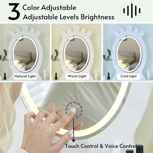 Miniatura 2 de Juego de mesa de tocador de maquillaje con taburete con cajones, espejo iluminado regulable con luz de control de voz y táctil, tocador