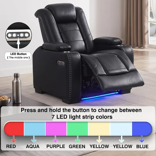 Miniatura 4 de THSUPER Silla reclinable Power Theater de cuero marrón con almacenamiento de brazos y luces LED, reclinable con reposacabezas eléctrico y portavasos