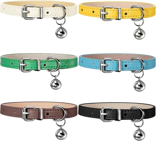 Miniatura 7 de Weewooday 6 piezas de collar de cuero para gato con campana, lindo collar de cuero para gatito para niños y niñas, gatos para cachorros pequeños