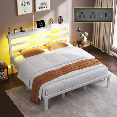 Miniatura 12 de E-Motie Marco de cama tamaño doble con cabecera de almacenamiento, plataforma industrial con estación de carga y luces LED, espacio
