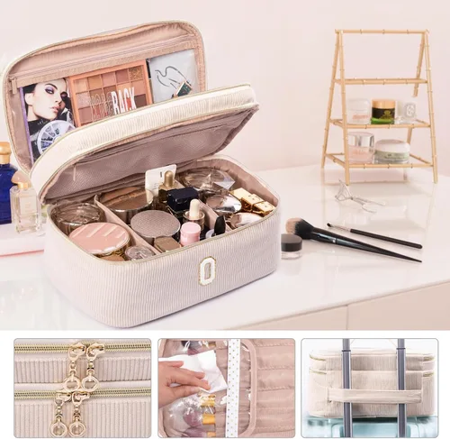 Miniatura 5 de AMOIGEE Organizador de Bolsa de Maquillaje con Inicial, Neceser Personalizado de Doble Capa, Bolsa de Aseo de Viaje para Brochas de Maquillaje
