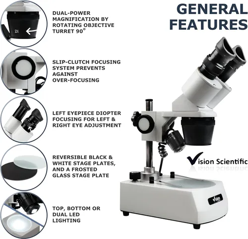 Miniatura 2 de Microscopio estéreo binocular VMS0002-LD-12-ES2, oculares WF10x y WF20x, objetivos 1x y 2X, aumento de 10x, 20x y 40x, iluminación LED superior e