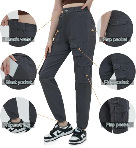 Miniatura 2 de Pantalones deportivos tipo cargo para mujer, cintura alta, con 7 bolsillos, para trabajo, casual, al aire libre, pantalones deportivos de algodón