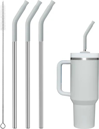 Miniatura 35 de Pajitas de metal rectas para vaso Stanley de 40 onzas, paquete de 3 popotes reutilizables de acero inoxidable con puntas de silicona y cepillo Gris