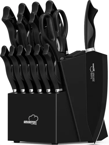 Juego de cuchillos, juego de 15 piezas de cuchillos de cocina con afilador incorporado, juego de bloque de cuchillos de acero inoxidable de alto