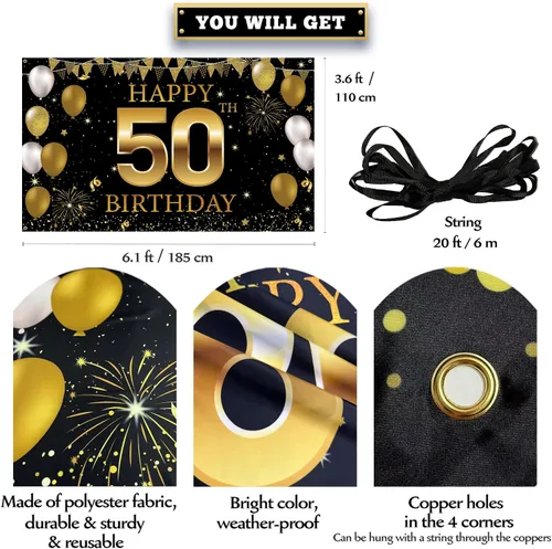 Miniatura 2 de Cartel de fondo para decoración de cumpleaños número 50, decoraciones de feliz cumpleaños 50 para hombres y mujeres, fiesta de cumpleaños de 50