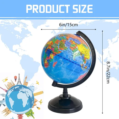 Miniatura 2 de Globo mundial geográfico de 6 pulgadas para niños, globo educativo con soporte, decoración decorativa giratoria de mapa del mundo, globo político