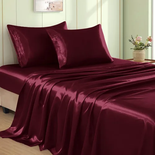 Miniatura 11 de VACVELT Juego de 3 sábanas de satén color beige tamaño individual, juego de ropa de cama, sábana bajera de satén sedoso con bolsillo profundo de 15