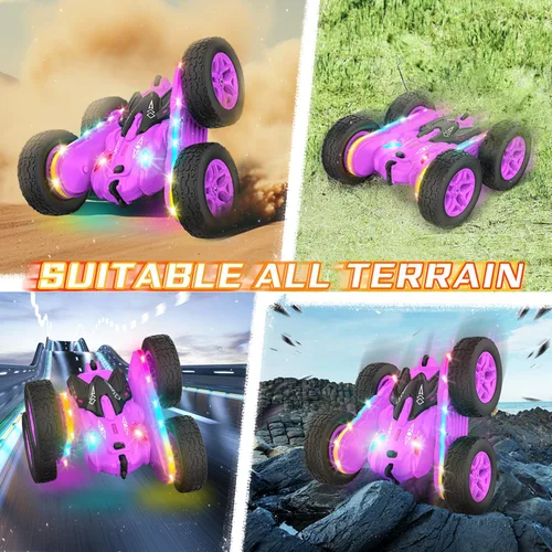Miniatura 4 de Terucle Coche de Control Remoto, Coches RC Acrobacias Juguetes de Coche RC Nuevas Luces LED y Faros Mejorados Juguetes para Niñas Doble Cara Morado