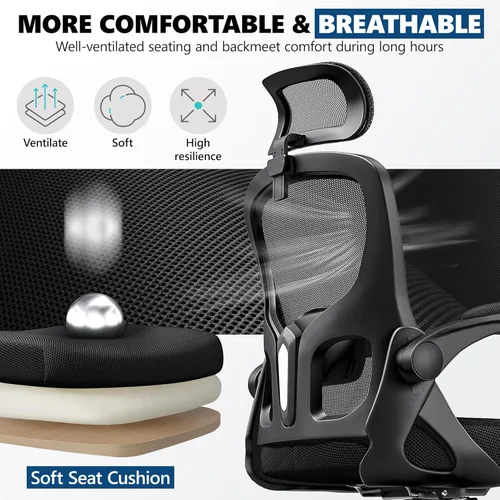 Miniatura 7 de Silla de oficina ergonómica, silla de escritorio de malla con reposacabezas ajustable y soporte lumbar, silla de computadora con ruedas con Negro