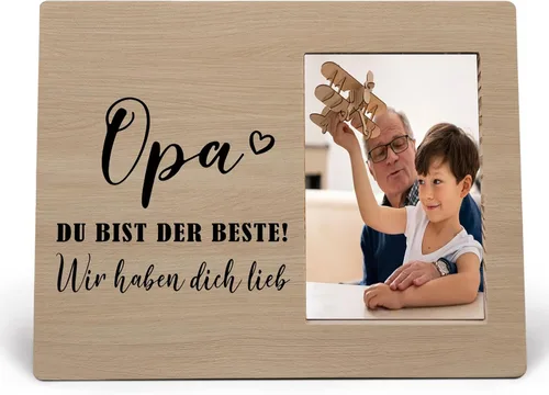 MAQIKA Opa Du Bist Der Beste - Marcos de fotos de madera para abuelo alemán, regalo de Navidad para abuelo de parte de nietos, marco de fotos de