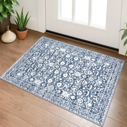Miniatura 32 de Lansny Alfombra bohemia de 2 x 3 pulgadas, lavable, color negro, azul marino, floral, alfombra de cocina, alfombra de área pequeña de lana