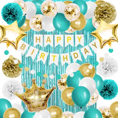 Decoración de fiesta de cumpleaños de color verde azulado y dorado, pancarta de feliz cumpleaños, turquesa, aguamarina, globos de papel de aluminio,