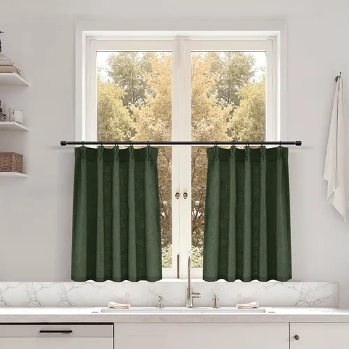 Miniatura 25 de Juego de 2 paneles de cortinas de ventana de cocina beige de 24 pulgadas de largo, con textura de lino, plisadas, filtrantes de luz, semi pequeñas