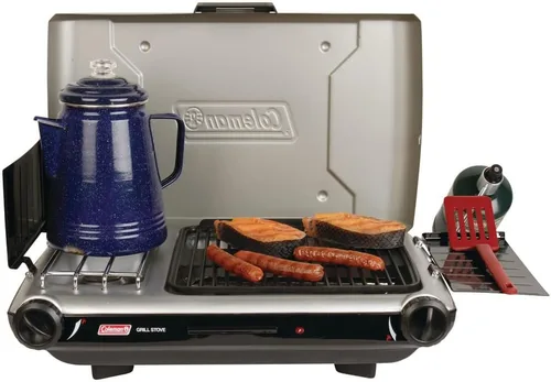 Coleman Parrilla y estufa de mesa 2 en 1 con 2 quemadores ajustables, parrilla y estufa a propano con encendido de botón, protectores contra el