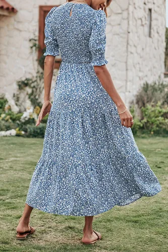 Miniatura 4 de BTFBM Vestidos para mujer, cuello redondo, casual, de verano, con volantes, manga corta, bohemio, con niveles, fruncido, largo, con estampado floral