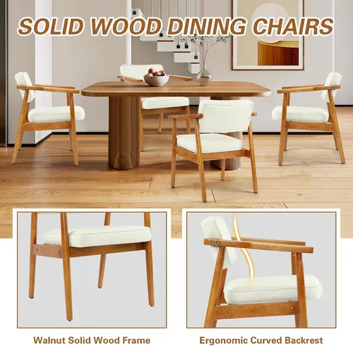 Miniatura 7 de LSSPAID Juego de 1 silla de comedor de mediados de siglo, sillón tapizado en tela de lino beige con reposabrazos de madera, respaldo cómodo, silla