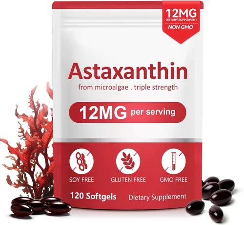 ABOUME Suplementos de astaxantina, astaxantina de 12 mg, fuente de microalgas frescas, apoya los ojos, el sistema inmunológico, la salud de la piel,