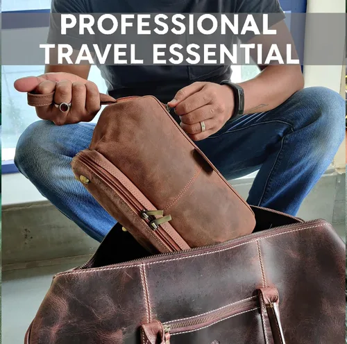 Miniatura 7 de Neceser de cuero para hombre - Kit Dopp para viajes, afeitado, viajes nocturnos, Marrón, M