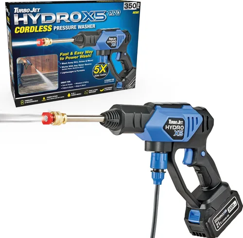 Ontel Turbo Jet HydroX5 Pro Lavadora a presión inalámbrica portátil (batería de 21 V 3000 mAh), boquilla 6 en 1, fuente de agua doble, manguera