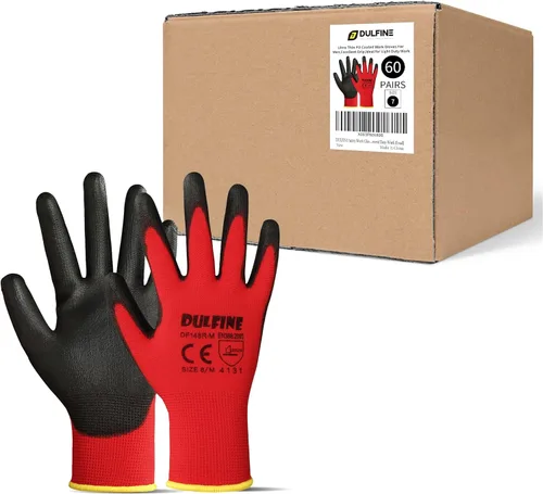 Miniatura 6 de DULFINE Guantes de trabajo de seguridad con revestimiento de poliuretano para hombres y mujeres - 12 pares, guante de punto sin costuras negro