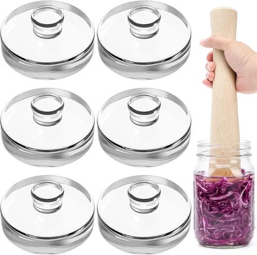 Jucoan 6 Pack Glass Fermentation Weights with Easy Grip Handle for Wide Mouth Mason Jars and 1 Pcs Beech Wood Vegetable Tamper Sauerkraut Pounder,