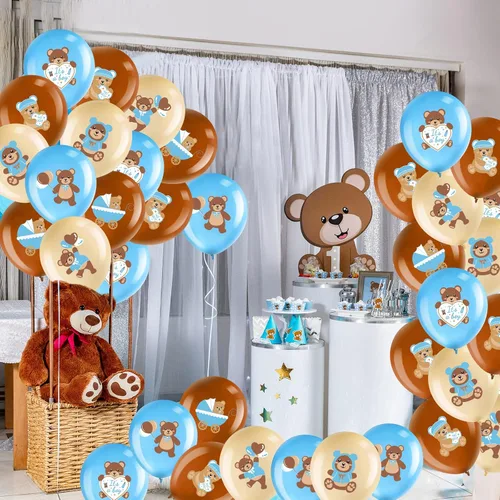 Miniatura 5 de Zomiboo 42 globos de oso para baby shower, de 12 pulgadas, de látex, azul, marrón, oso pequeño, decoraciones de fiesta para baby shower, revelación