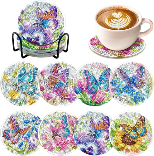 Miniatura 11 de FILASLFT Kit de posavasos de pintura de diamante, kit de posavasos de pintura de diamantes, 8 posavasos de diamante con soporte para manualidades