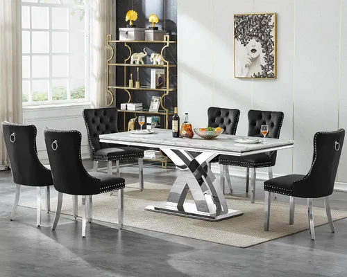 Miniatura 21 de Juego de mesa de comedor de 7 piezas con sillas, mesa de comedor de mármol sintético y sillas beige para 6, juego de mesa de comedor de oro blanco