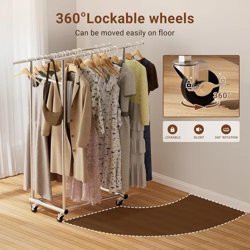 Miniatura 6 de TigerParty Perchero de doble barra para colgar ropa, perchero resistente de acero inoxidable resistente, perchero con ruedas para dormitorio