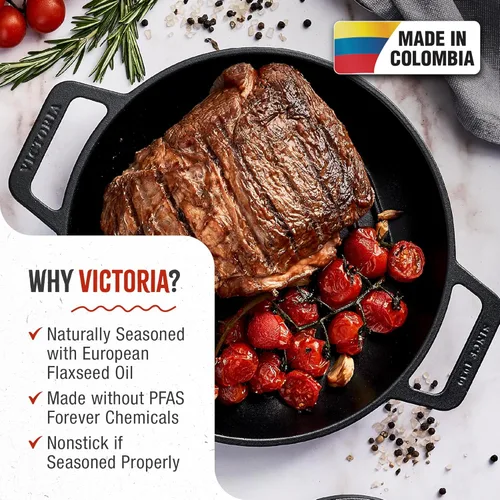 Miniatura 2 de Victoria - Sartén de hierro fundido redonda con asas de doble bucle, fabricada en Colombia, 10 pulgadas