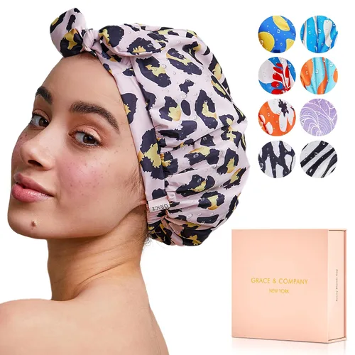 Miniatura 8 de GRACE & COMPANY Gorro de ducha de lujo para mujer, 100% impermeable, reutilizable, lavable y transpirable, diseño de pájaros del paraíso