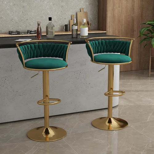 Miniatura 31 de Juego de 2 taburetes de bar giratorios de 360°, silla de bar de terciopelo ajustable a altura de mostrador moderna, taburete de metal plateado