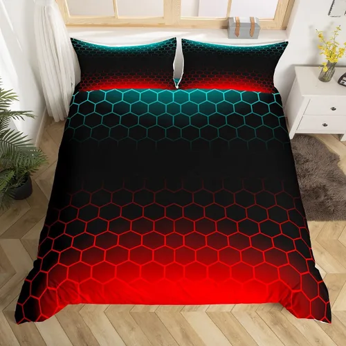 Miniatura 38 de Funda de edredón hexagonal verde estereoscópica de nido de abeja para niños, diseño geométrico de colmena, funda de edredón geométrica de panal