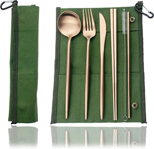 Miniatura 4 de JASHII El juego de cubiertos de viaje incluye cuchillo reutilizable, tenedor, cuchara, palillos, pajilla, utensilios ecológicos, utensilios de Azul