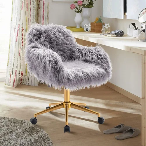 Silla de escritorio moderna de piel sintética, silla de oficina en casa de piel sintética, silla giratoria ajustable, silla peluda para niñas, silla